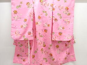 糸巻きに草花模様子供着物(重ね衿付き)